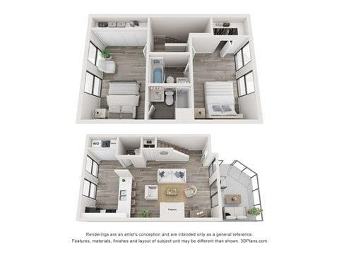 Floor plan for 2 beds, 2.5 baths, 1107 sqft